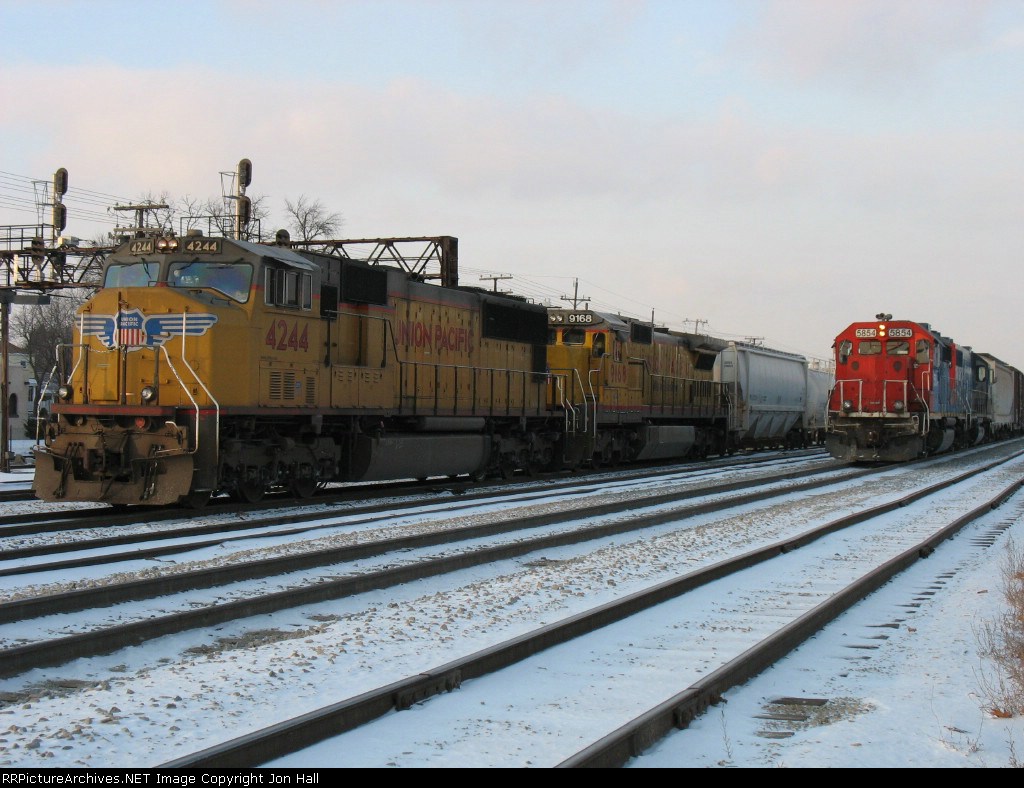 UP 4244 & GTW 5854 on the point of their respective trains